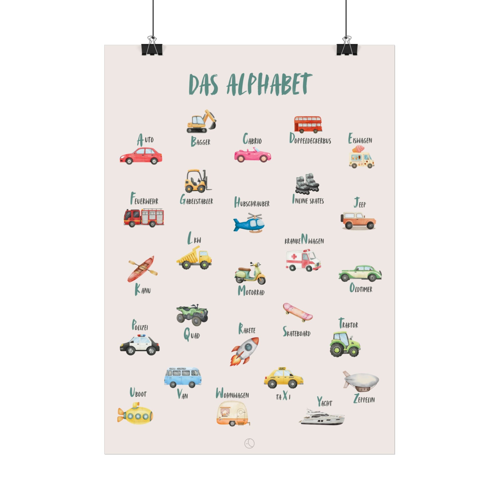 Das Alphabet Poster Lunori | Deutsches Alphabet illustriert mit Fahrzeuge, Kinderzimmer Dekor