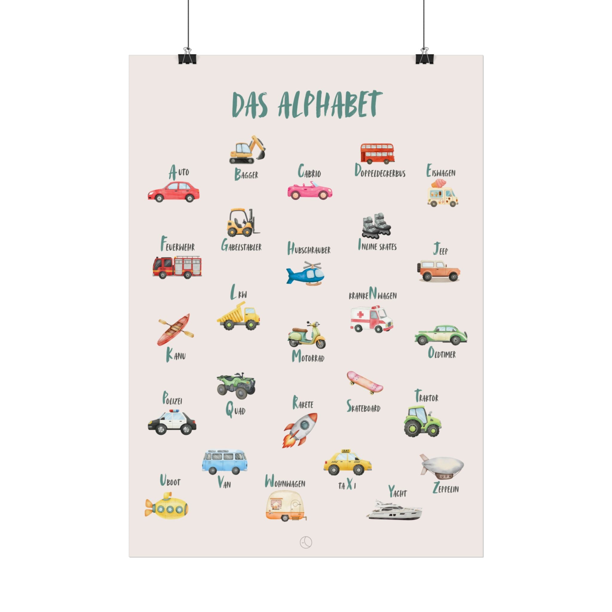 Das Alphabet Poster Lunori | Deutsches Alphabet illustriert mit Fahrzeuge, Kinderzimmer Dekor