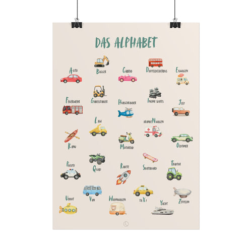 Das Alphabet Poster Lunori | Deutsches Alphabet illustriert mit Fahrzeuge, Kinderzimmer Dekor